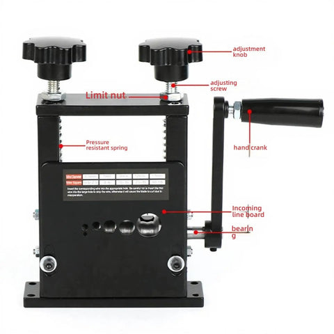 Heavy Duty Cable Wire Stripping Machine Compatible With Power Drill Or Hand Crank Compact Metal Construction For Quick And Easy Stripping Of Various Wire Sizes Boost Productivity On Any Project, featuring hand crank and adjustable knobs.