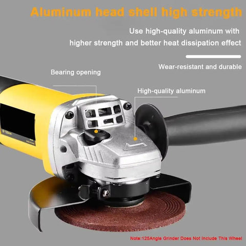 Badass 125mm Electric Angle Grinder With a Rock Solid 1050 Watt Motor and 11000 RPM showing aluminum head and bearings for durability.