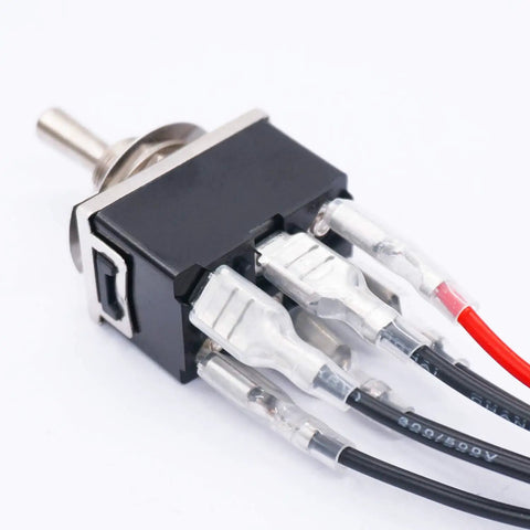Close-up of Beefy Three Pack Latching DPDT Toggle Switches 6 Pin 3 Position On Off On Heavy Duty 16A 250VAC with spade terminals