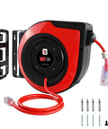 Retractable Extension Cord Reel With 65 Feet Of 12 AWG Heavy Duty Power Cord 15 Amp Breaker Three Lighted Outlets Tangle Free Red