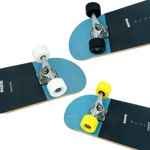 Three skateboards with different wheel colors, black wheels show 60mm 88A Skateboard Wheels With Bearings Set Of 4 Black For Street And Park Skating Cruising Carving And Tricks, Smooth Urethane Durable Construction Beginner Friendly For All Skill Levels