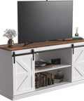 65 Inch TV Stand With Storage Cabinets And Sliding Barn Doors In Bright White Dope Farmhouse Style Entertainment Console With Mid Century Modern Flair For Living Room Or Bedroom Holds Flat Screen TV And Keeps Cables Tidy