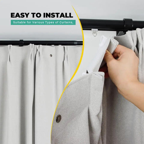 Adjustable Traverse Curtain Rod With Track System Extends From 47 To 86 Inches For Thick Curtains Up To 40 Lbs In Black Aluminum Heavy Duty And No Fuss Easy Install, black rod with curtain clips and hand opening drape