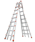 Skyscraper 17 Ft Adjustable Extension Stepladder With Crazy Reach For High Ceilings And Stairwells, Non Slip Feet, Safety Straps, Type IAA 375 Lb Rating, Ultra Tall Multi Position Ladder For Chandeliers And Skylights. aluminum extension ladder shown open on white background