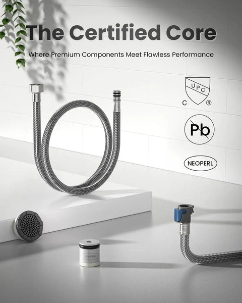 Top Tier Three Way Kitchen Faucet With Built In Water Filter Dispenser In Sleek Brushed Nickel Finish showing certified core components.