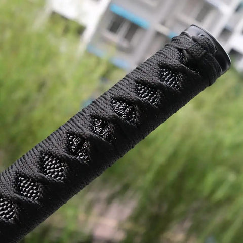 Close-up of Hardwood Tsuka Katana Handle 10.2 Inch DIY Samurai Sword Grip With Alloy Copper Iron Fittings Real Or Fake Samegawa Black Ito Material