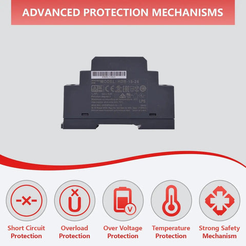 Ultra Slim DIN Rail Power Supply 24 Volt 0.63 Amp 15.2 Watt Compact Switching Adapter showing advanced protection mechanisms.