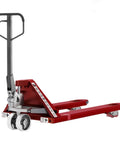 Heavy Duty Manual Hydraulic Pallet Truck With Push Rod Height Control And Adjustable Fork Height And Dual Wheel Linkage For Easy Pallet Lifting And Loading Dock Moves For Heavy Loads On Busy Loading Docks And Warehouses, red steel