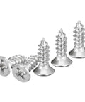 Premium Heavy Duty 100 Piece M4 X 12 Mm Flat Head Phillips Self Tapping Wood Screws Made From Tough 304 Stainless Steel, close-up.