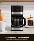 Front view of 10 Cup Drip Coffee Maker With 24 Hour Programmable Timer Glass Carafe And Reusable Mesh Filter Two Brew Strength Settings