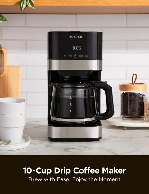 Front view of 10 Cup Drip Coffee Maker With 24 Hour Programmable Timer Glass Carafe And Reusable Mesh Filter Two Brew Strength Settings