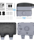 Double Outdoor Electrical Outlet With IP66 Weatherproof Cover, 2-Gang Outdoor Plug Box, Dustproof And Close Enclosed Design For Patios, Gardens, And Decks, Durable Waterproof Power Source For Wet Environments. Grey IP66 outdoor outlet box, 13cm x 10.4cm, with cover and fittings.