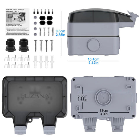 Double Outdoor Electrical Outlet With IP66 Weatherproof Cover, 2-Gang Outdoor Plug Box, Dustproof And Close Enclosed Design For Patios, Gardens, And Decks, Durable Waterproof Power Source For Wet Environments. Grey IP66 outdoor outlet box, 13cm x 10.4cm, with cover and fittings.