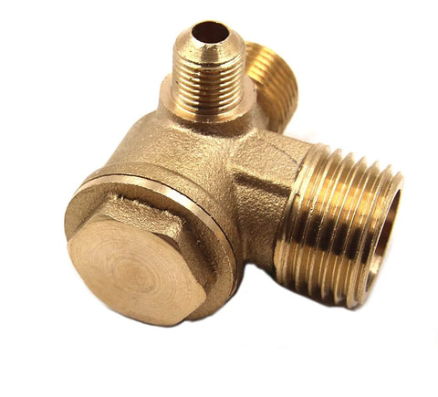 Brass three-port air compressor check valve, male-threaded fittings G1/8, G3/8, G1/2 (close-up view).