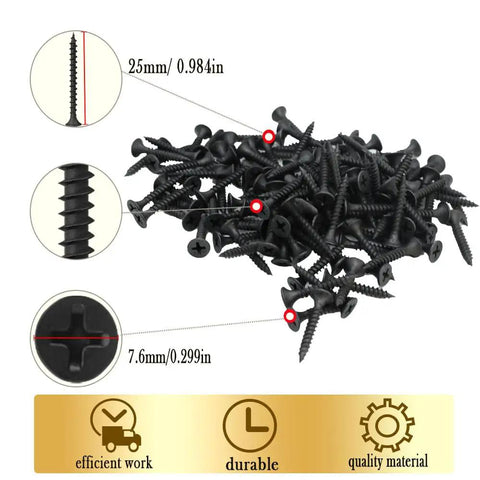 Premium Drywall Screws Number 6 By 1 Inch Phillips Bugle Head Fine Thread Black Phosphate Coated Carbon Steel Core Quick Self Tapping Fasteners 130 Pack stacked with measurement details.
