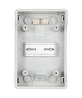 Interior view of Four Way Power Distribution Box with bus bars and DIN rail for MCB, IP66 waterproof enclosure, rugged PC ABS case.