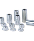Beefy Eleven Piece M12 Axle Bushing Spacer Kit In Steel For Most Motorcycles With A Classic 12mm Axle Fit Inner Diameter About 12.2mm Outer Diameter 19mm And Lengths From 5mm To 50mm Includes M12 Nut Built Tough For A Snug Durable Ride. Steel motorcycle axle spacer kit with M12 nut, assorted lengths and bushings