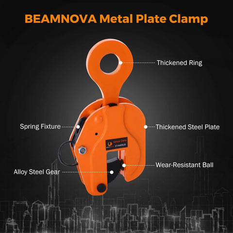BEAMNOVA orange 2-ton vertical plate lifting clamp with thickened ring and steel gear.