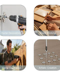 Four images showing wood screws kit usage for cabinet installation, woodworking, fence securing, and artistic project assembly.