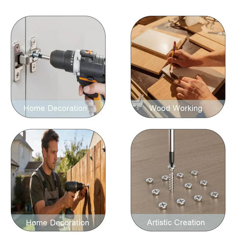 Four images showing wood screws kit usage for cabinet installation, woodworking, fence securing, and artistic project assembly.