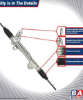 Power Steering Rack And Pinion Assembly For Toyota Tundra And Sequoia 2000 To 2006 Direct Fit With Inner Tie Rods Boots And Clamps Premium ISO TS 16949 Quality Lifetime Replacement Warranty with highlighted features like machine-finished shafts and stainless steel clamps.