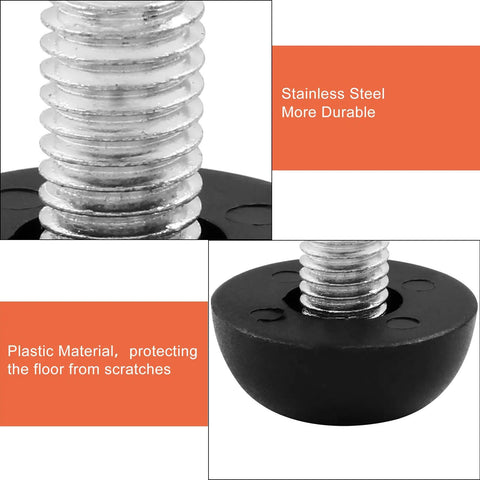 Close-up of Adjustable M8 Furniture Leg Levelers Eight Pack With Screw In Leveling Feet Glides showing rustproof stainless steel and plastic base