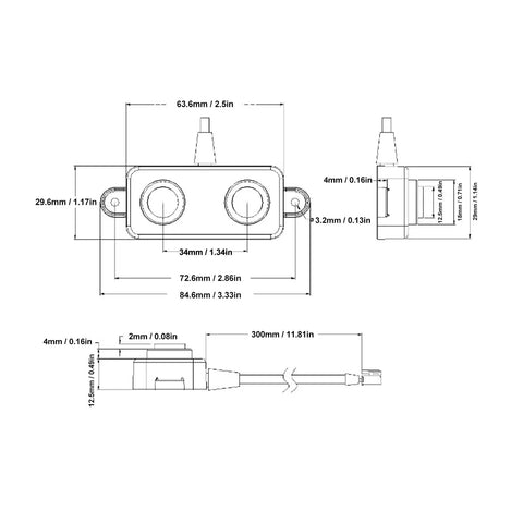 Technical drawing of Waterproof IP67 PWM Output Distance Sensor Housing 9.0x6.0x2.0 with dimensions.