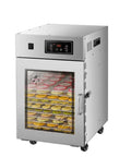 High Capacity Commercial Food Dehydrator With Stainless Steel Frame And 800 Watt Heater For Smoking Meat Jerky Drying Fruits And Vegetables Featuring Digital Timer And Even Heat Up To 195 Deg F For No Sweat Setup And Serious Smoke Sessions, showcasing transparent doors with colorful dried fruit.