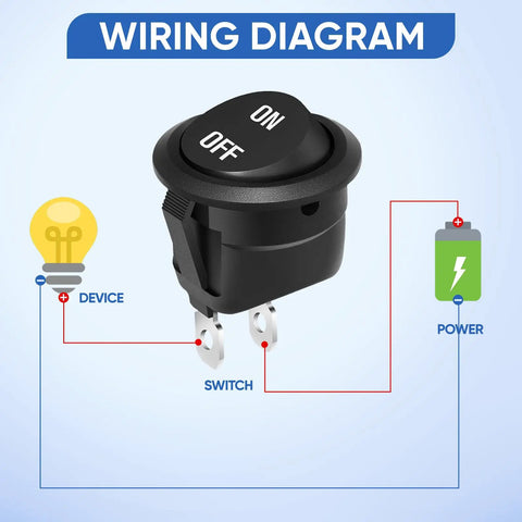 Wiring diagram for Round 12V Rocker Switch On Off SPST 2 Pin DC Power Toggle Button with wiring connections to device and power source.