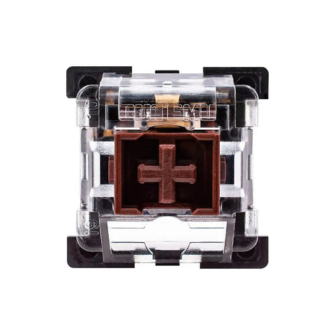 Close-up of a single 3-pin tactile brown switch for mechanical gaming keyboards, part of a 32 pack compatible with MX standard keyboards.