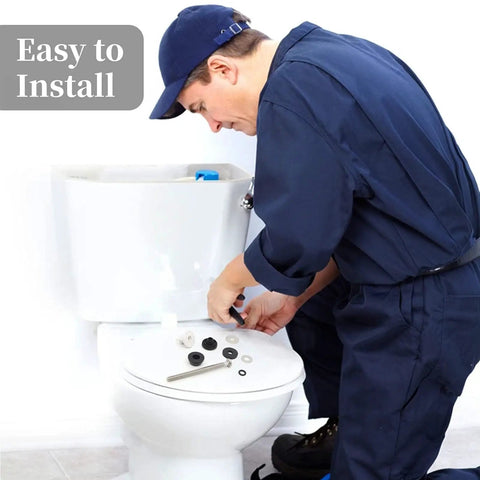 Person installing Universal Toilet Seat Hinge Bolts Kit Heavy Duty Stainless Steel With Waterproof Rubber Washers Gaskets Extra Long Nuts