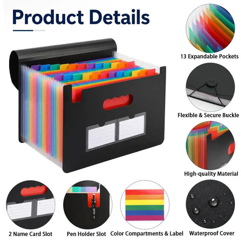 13 Pocket Accordion File Organizer with Cover Labels Portable Expanding File Folder Black Document Holder with color tabs and labels