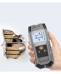 Handheld wall detector showing real time readout, used to find wood nails wires steel bars behind concrete fast.