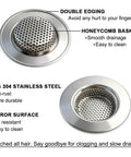 Stainless Steel Bathtub Drain Strainers Pack Of 2 Hair Catcher Drain Cover Basket With 3.0 Inch Outer Diameter And 1.60 Inch Inner Diameter Fits 1.75 Inch Drain Holes Keeps Your Shower And Tub Hair Clogs, featuring double edge and honeycomb basket design.