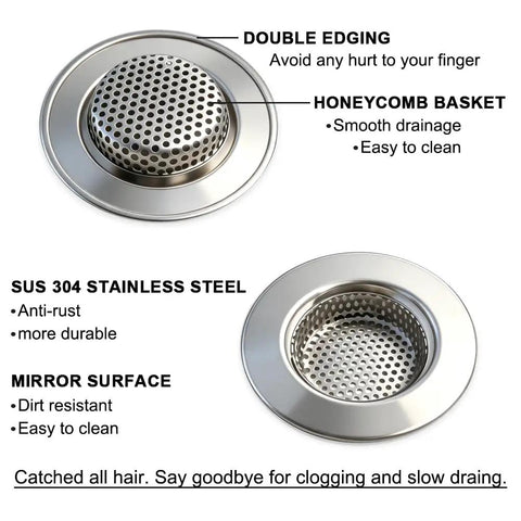 Stainless Steel Bathtub Drain Strainers Pack Of 2 Hair Catcher Drain Cover Basket With 3.0 Inch Outer Diameter And 1.60 Inch Inner Diameter Fits 1.75 Inch Drain Holes Keeps Your Shower And Tub Hair Clogs, featuring double edge and honeycomb basket design.