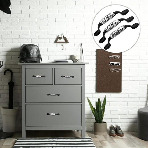 8 Pack Vintage Ceramic Marble Cabinet Pulls With 3.8 Inch Hole Centers installed on grey dresser in bedroom setting, white and black finish