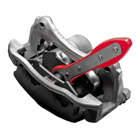 Close-up of Brake Caliper Press Tool 360 Degree Swing Ratchet Piston Spreader with anti-slip grip and compact design.