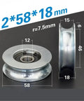 Industrial Grade V Groove Wheel 12 X 58 X 18 Millimeter Carbon Steel U Channel Roller For Wire Cable Systems, showing dimensions.