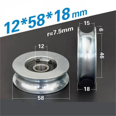 Industrial Grade V Groove Wheel 12 X 58 X 18 Millimeter Carbon Steel U Channel Roller For Wire Cable Systems, showing dimensions.