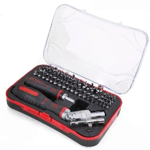 Heavy Duty Ratchet Screwdriver Set With Magnetic Bits Perfect For Household Repairs And Auto Mechanics Who Need A Durable Toolbox To Tackle Any Fixing Job Without Breaking The Bank Or Rummaging Through Cluttered Gears, red case open