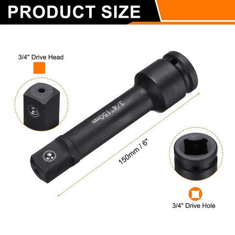 Impact Socket Extension Bar With Square Drive Three Quarter Inch Six Inch Long Built From CRV Steel With Black Phosphate Finish Heavy Duty Universal Socket Adapter For Ratchets Axle Nut Sockets And General Wrench Work, showing drive head and hole