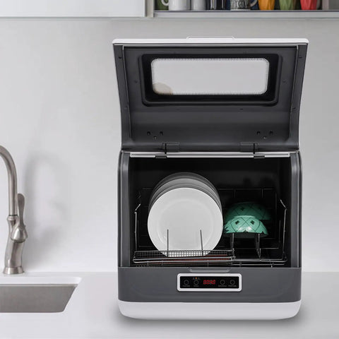 Premium Portable Countertop Dishwasher Built From Heavy Duty Stainless Steel Featuring Three Rapid Wash Settings, open showing plates.