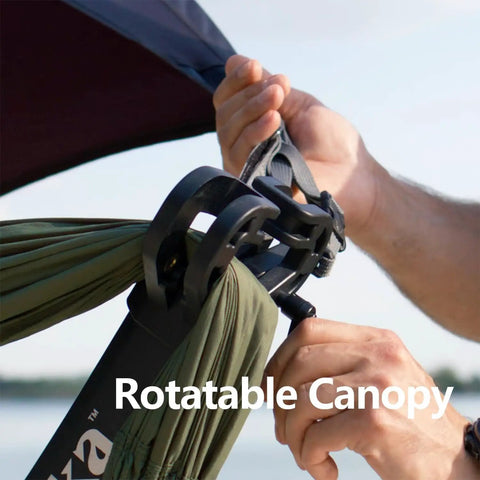 Close-up of Set Up In 3 Seconds Adjustable Portable Aluminum Hammock Stand For Outdoors with rotatable canopy attachment.