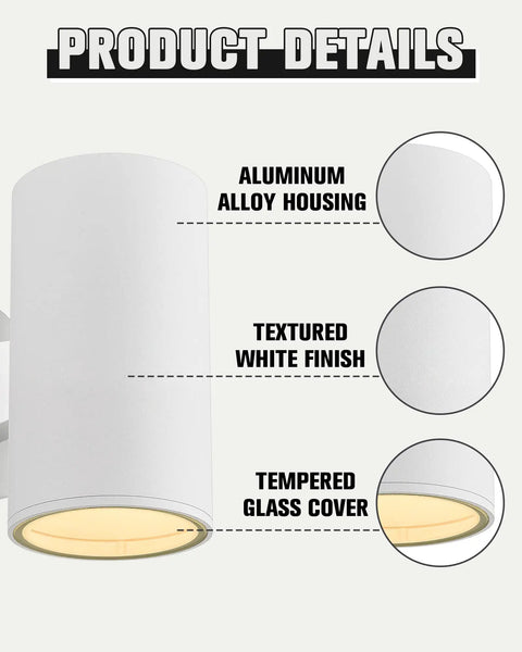 Outdoor Wall Light Sconce Set Two Pack Exterior White Modern Cylinder Style With Tempered Glass Cover Weatherproof Aluminum