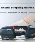 Heavy Duty Electric Strapping Machine With 4000 Mah Battery Powered Handheld Baler Tool For 1/2 To 5/8 Inch steel strap in use.