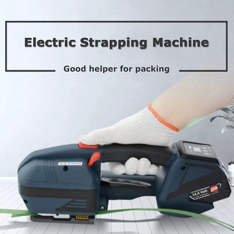 Heavy Duty Electric Strapping Machine With 4000 Mah Battery Powered Handheld Baler Tool For 1/2 To 5/8 Inch steel strap in use.