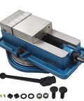 Real Deal Heavy Duty Milling Vise With 4 Inch Swivel Base And Wide Jaws Built Tough From Grade Gray Cast Iron For Precision Milling Drilling And Shaping Work Around The Shop, top view showing swivel base and jaw details.