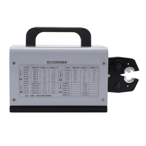Back view of Top Notch Heavy Duty Pneumatic Crimping Machine JH-60L displaying specifications for electricians on construction sites.