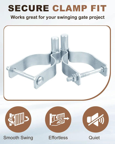 Heavy Duty Galvanized Steel Chain Link Gate Male Hinges With Five Eighths Pin For Two Three Eight Od Pipe Built Like A Tank For A Seamless Backyard Makeover, showing secured clamp fit side view.