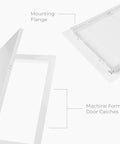 Top Notch 10 X 14 Inch Heavy Duty Metal Indoor Drywall Access Panel In Crisp White showing mounting flange and door catches.